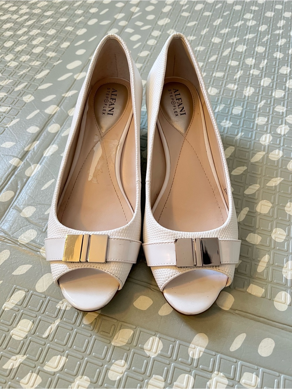 Alfani White Open-Toe Heels with Metallic Bow Accents